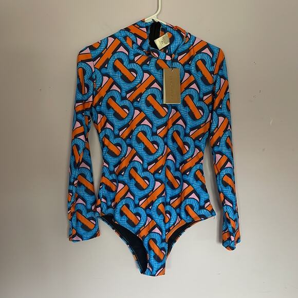 BURBERRY Monogram Women’s Long Sleeve One Piece Bathing Suit Boddysuit XL - Picture 2 of 8